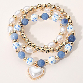 3PCS - Pearl Heart Charm Floral Ceramic Metal Pearl Ball Stretch Multi Layered Bracelets