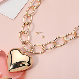 Oversized Metal Puffy Heart Pendant Chain Necklace