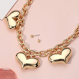 Metal Puffy Heart Charm Station Chain Necklace