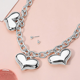 Metal Puffy Heart Charm Station Chain Necklace