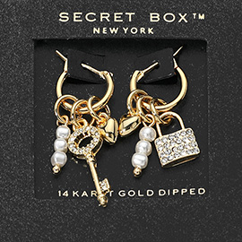 SECRET BOX_14K Gold Dipped Pearl Cluster Key Lock Heart Charm Dangle Pin Catch Hoop Earrings