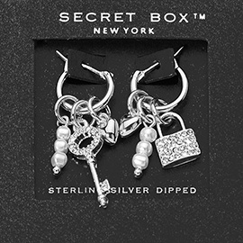 SECRET BOX_Sterling Silver Dipped Pearl Cluster Key Lock Heart Charm Dangle Pin Catch Hoop Earrings