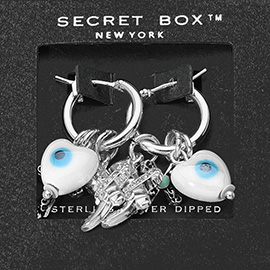 SECRET BOX_Sterling Dipped Ceramic Evil Eye Heart Cross Western Boot Charm Dangle Pin Catch Hoop Earrings