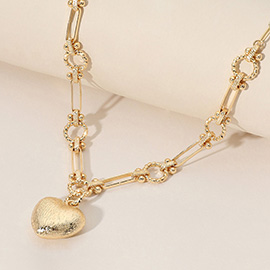 Textured Metal Puffy Heart Pendant Abstract Chain Necklace