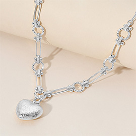 Textured Metal Puffy Heart Pendant Abstract Chain Necklace