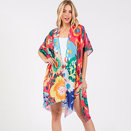 Multi Color Flower Print Kimono Poncho