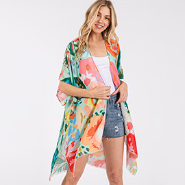 Multi Color Flower Print Kimono Poncho