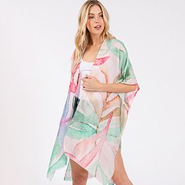 Watercolor Leaves Print Kimono Poncho