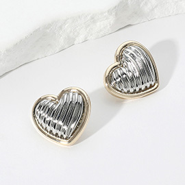 14K Gold Plated Two Tone Textured Heart Stud Earrings