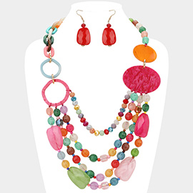 Chunky Geometric Celluloid Acetate Pebble Plated Beaded Multi Layered Statement Necklace