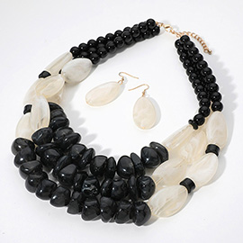 Chunky Celluloid Acetate Pebble Beaded Triple Layered Statement Necklace