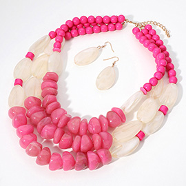 Chunky Celluloid Acetate Pebble Beaded Triple Layered Statement Necklace