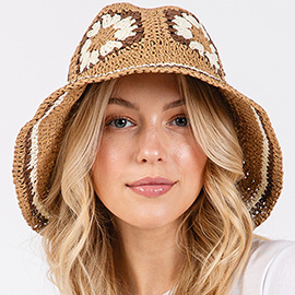 Floral Crochet Straw Bucket Hat