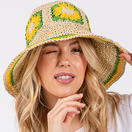 Floral Crochet Straw Bucket Hat