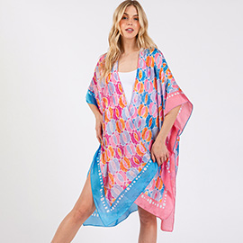 Two Tone Trim Abstract Print Silky Feel Kimono Poncho