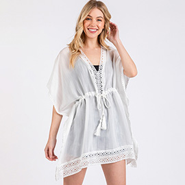 Crochet Trim Front Drawstring Cover Up Poncho