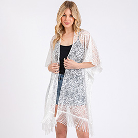 Flower Pattern Crochet Lace Tassel Cover Up Poncho