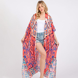 Boho Print Open Front Long Kimono Poncho