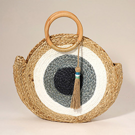 Wooden Handle Evil Eye Tassel Round Straw Handbag