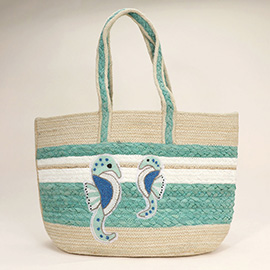 Sequin Seahorse Pointed Striped Jute Tote Bag