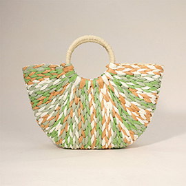 Multi Color Weave Round Handle Handwoven Natural Straw Handbag