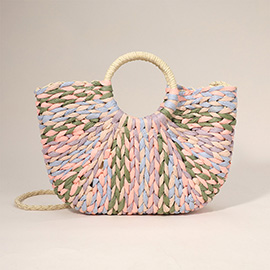 Multi Color Weave Round Handle Handwoven Natural Straw Handbag