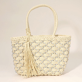 Woven Tassel Top Handle Straw Tote Bag