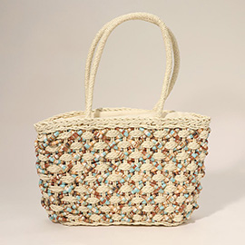 Multi Colored Thread Woven Top Handle Straw Tote Bag