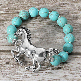 Metal Western Horse Turquoise Stone Beaded Stretch Bracelet