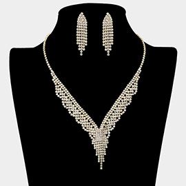 Rhinestone Paved Fringe Tip Collar V Shaped Necklace