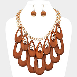 Chunky Wooden Open Teardrop Charm Embellished Layered Statement Necklace