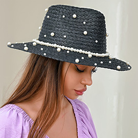 Pearl Embellished Straw Sun Fedora Hat