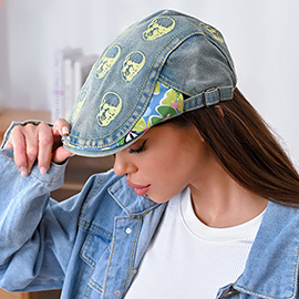 Skull Flower Printed Newsboy Hat