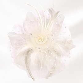 Pearl Stamen Flower Feather Veil Fascinator / Headband