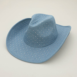 Sparkling Rhinestone Embellished Denim Western Cowboy Fedora Hat