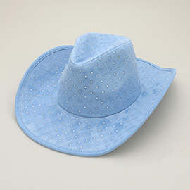 Rhinestone Embellished Faux Suede Western Cowboy Fedora Hat