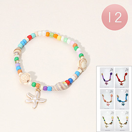 12PCS - Enamel Starfish Charm Pointed Sea Turtle Shell Beaded Stretch Bracelets