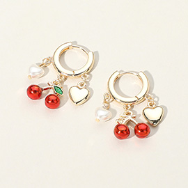 Pearl Metal Heart Cherry Charm Dangle Huggie Hoop Earrings