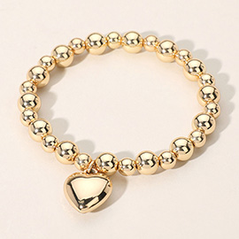 Metal Heart Charm Ball Beaded Stretch Bracelet