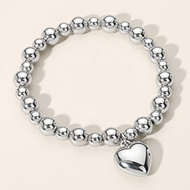 Metal Heart Charm Ball Beaded Stretch Bracelet