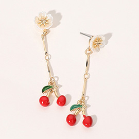 Flower Pointed Enamel Cherry Tip Dropdown Dangle Earrings