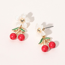 Flower Pointed Enamel Cherry Dangle Earrings