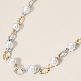 Pearl Two Tone Metal Link Necklace