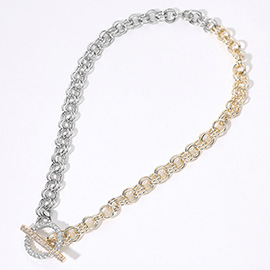 14K Gold Plated CZ Stone Paved Two Tone Chain Toggle Necklace