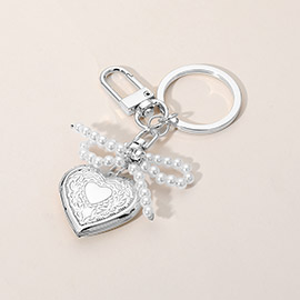 Pearl Beaded Bow Pointe Metal Heart Locket Bag Charm / Keychain