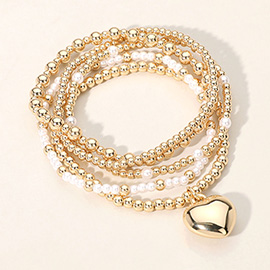 5PCS - Metal Heart Charm Pointed Ball Pearl Beaded Stretch Multi Layered Bracelets