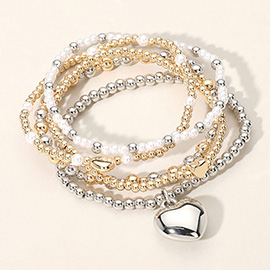 5PCS - Metal Heart Charm Pointed Ball Pearl Beaded Stretch Multi Layered Bracelets