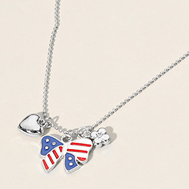 Enamel Bow American USA Flag Metal Heart Flower Charm Pendant Bead Chain Necklace