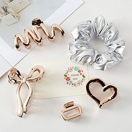 5PCS - Chrome Open Heart Bow Hair Clips Stretchable Fabric Hair band Set 