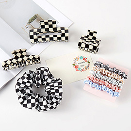 9PCS - Cellulose Acetate Checkered Hair Claw Clips Stretchable Fabric Hairbands Set